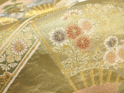 平和屋着物▼六通柄袋帯　扇面花鳥文　金糸　正絹　逸品　AABA8342wj