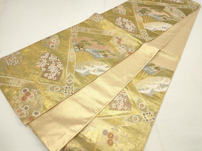 平和屋着物▼六通柄袋帯　扇面花鳥文　金糸　正絹　逸品　AABA8342wj