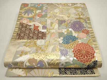 平和屋着物▼六通柄袋帯　唐織　松竹梅　色紙花文　金銀糸　正絹　逸品　AABA8377wj