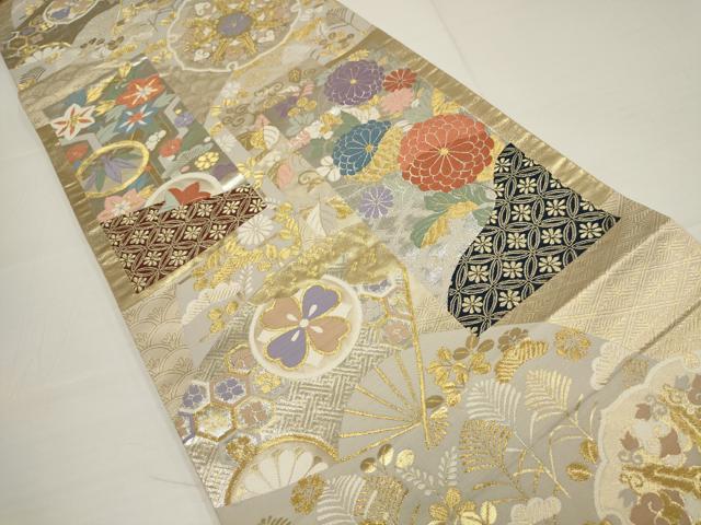 平和屋着物▼六通柄袋帯　唐織　松竹梅　色紙花文　金銀糸　正絹　逸品　AABA8377wj