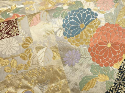 平和屋着物▼六通柄袋帯　唐織　松竹梅　色紙花文　金銀糸　正絹　逸品　AABA8377wj