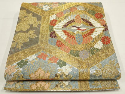 平和屋着物▼六通柄袋帯　唐織　亀甲花鳥文　金糸　正絹　逸品　AABA8412wj