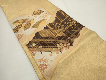 平和屋着物▼綴れ　太鼓柄袋帯　扇面花文　金糸　正絹　逸品　AABA8487wj