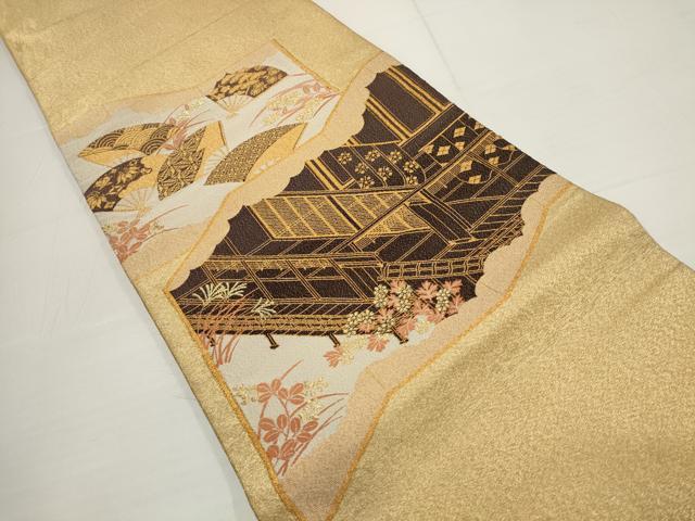 平和屋着物▼綴れ　太鼓柄袋帯　扇面花文　金糸　正絹　逸品　AABA8487wj