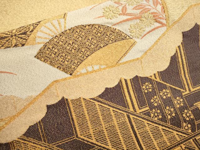 平和屋着物▼綴れ　太鼓柄袋帯　扇面花文　金糸　正絹　逸品　AABA8487wj