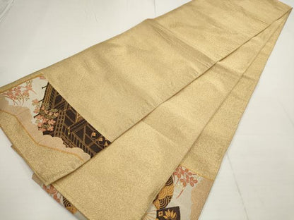 平和屋着物▼綴れ　太鼓柄袋帯　扇面花文　金糸　正絹　逸品　AABA8487wj