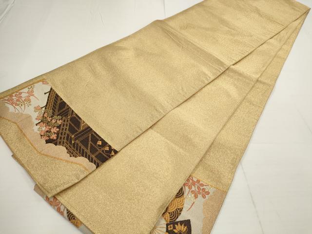 平和屋着物▼綴れ　太鼓柄袋帯　扇面花文　金糸　正絹　逸品　AABA8487wj