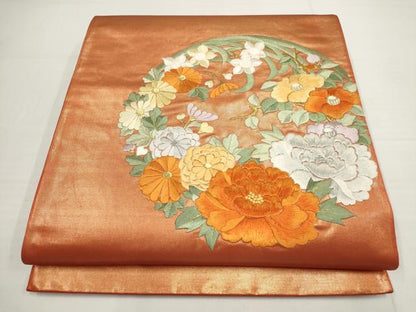 平和屋着物▼総刺繍　袋帯　草花丸文　金銀糸　正絹　逸品　AABA8514wj
