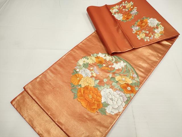 平和屋着物▼総刺繍　袋帯　草花丸文　金銀糸　正絹　逸品　AABA8514wj