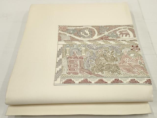 平和屋着物▼中国三大刺繍 汕頭刺繍 スワトウ刺繍 袋帯 壁画文様 正絹 逸品 AABA8600wj
