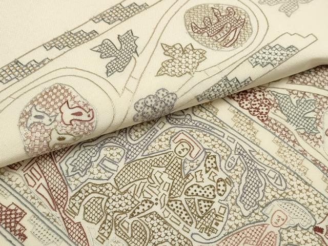 平和屋着物▼中国三大刺繍 汕頭刺繍 スワトウ刺繍 袋帯 壁画文様 正絹 逸品 AABA8600wj