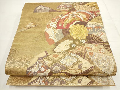 平和屋着物▼六通柄袋帯　扇面花鳥文　金銀糸　正絹　逸品　AABA8639wj
