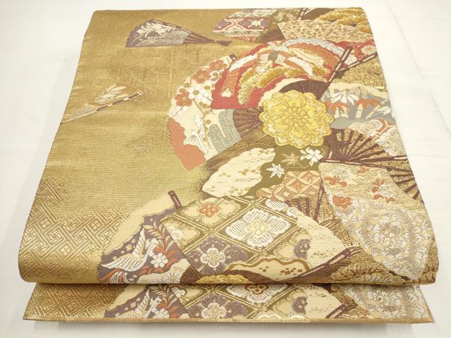 平和屋着物▼六通柄袋帯　扇面花鳥文　金銀糸　正絹　逸品　AABA8639wj