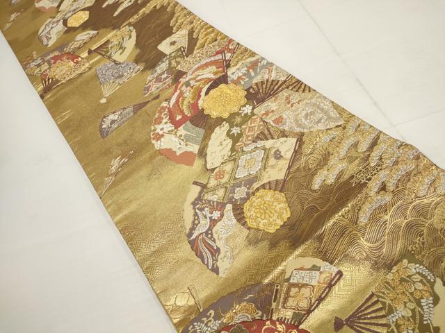 平和屋着物▼六通柄袋帯　扇面花鳥文　金銀糸　正絹　逸品　AABA8639wj