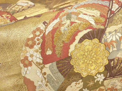 平和屋着物▼六通柄袋帯　扇面花鳥文　金銀糸　正絹　逸品　AABA8639wj