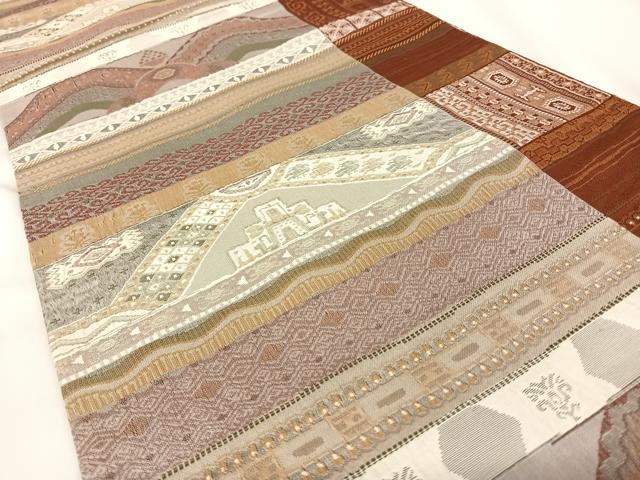 平和屋着物◎六通柄袋帯 ふくれ織 横段文 正絹 逸品 AABA8641uw