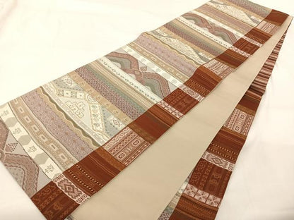 平和屋着物◎六通柄袋帯 ふくれ織 横段文 正絹 逸品 AABA8641uw