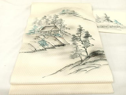 平和屋着物◎九寸名古屋帯　手描き　遠山風景文　正絹　逸品　AABA8663uw