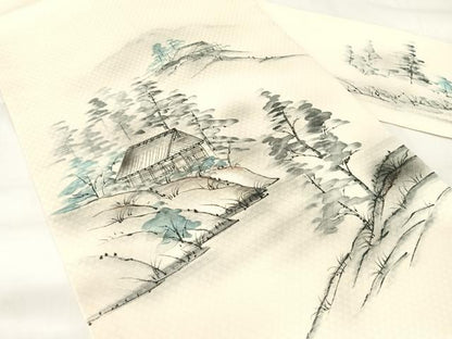 平和屋着物◎九寸名古屋帯　手描き　遠山風景文　正絹　逸品　AABA8663uw
