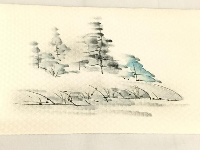 平和屋着物◎九寸名古屋帯　手描き　遠山風景文　正絹　逸品　AABA8663uw