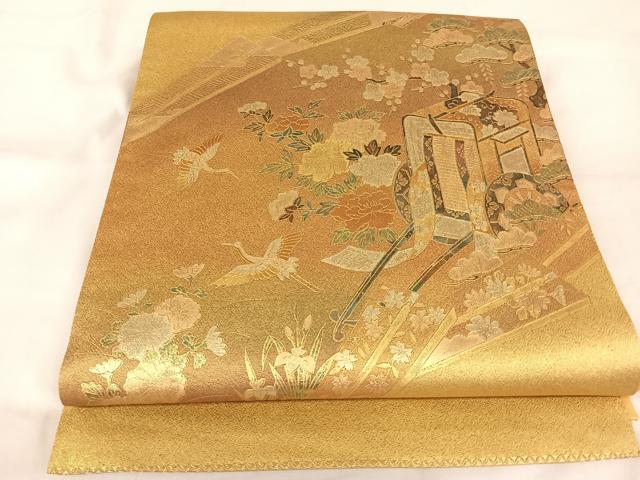 平和屋着物◎太鼓柄袋帯　御所車花文　金彩　正絹　逸品　AABA8686uw