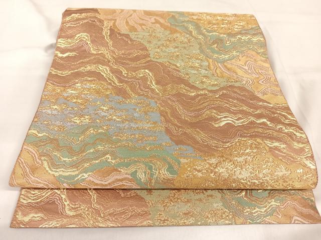 平和屋着物◎六通柄袋帯　霞文　金糸　正絹　逸品　AABA8711uw