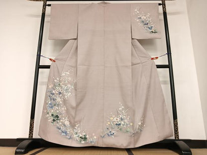 平和屋着物●訪問着 友禅 紬地 草花文 暈し染め 正絹 逸品 AABA8805zg