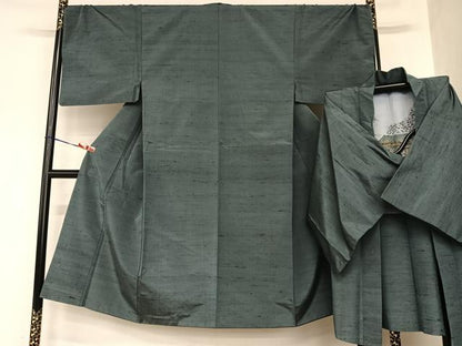 平和屋着物●男性 紬 アンサンブル 色無地 藍墨茶色 正絹 逸品 AABA8819zg