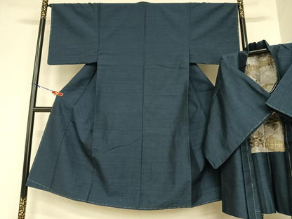 平和屋着物●男性 紬 アンサンブル 色無地 濃藍色 正絹 逸品 AABA8842zg