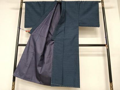 平和屋着物●男性 紬 アンサンブル 色無地 濃藍色 正絹 逸品 AABA8842zg