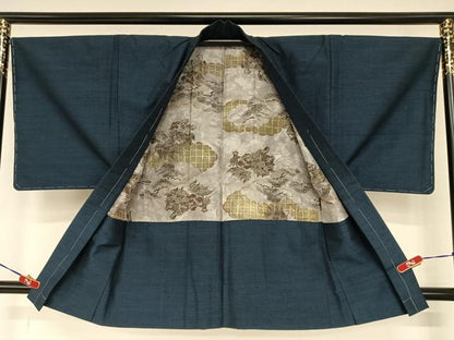 平和屋着物●男性 紬 アンサンブル 色無地 濃藍色 正絹 逸品 AABA8842zg