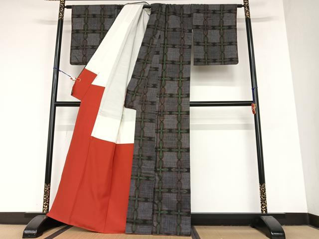 平和屋着物●本場大島紬　一元絣　幾何学花文　正絹　逸品　AABA8850zg