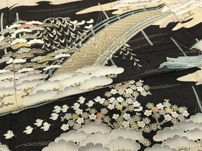 平和屋着物●染織の名門　しょうざん  生紬　松竹梅飛鳥文　黒地　正絹　逸品　AABA8864zg