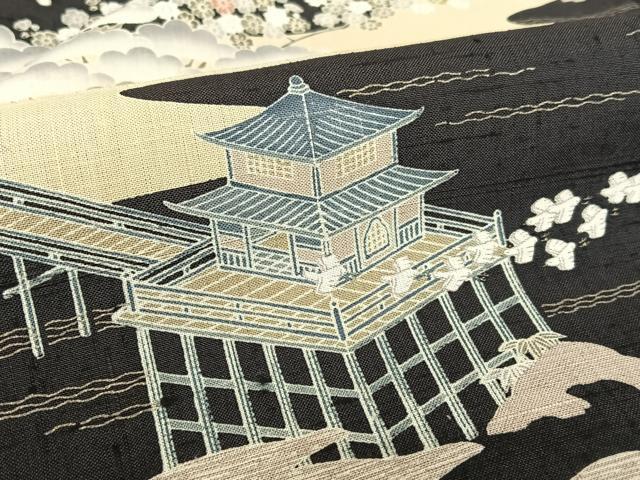 平和屋着物●染織の名門　しょうざん  生紬　松竹梅飛鳥文　黒地　正絹　逸品　AABA8864zg