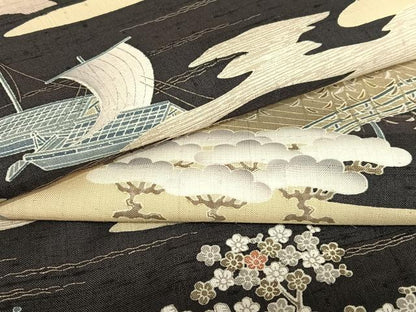 平和屋着物●染織の名門　しょうざん  生紬　松竹梅飛鳥文　黒地　正絹　逸品　AABA8864zg