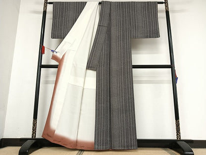 平和屋着物●上質な小紋 寄せ小紋柄 縞 黒地 正絹 逸品 未使用 AABA8875zg