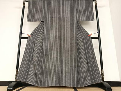 平和屋着物●上質な小紋 寄せ小紋柄 縞 黒地 正絹 逸品 未使用 AABA8875zg