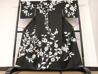 平和屋着物●訪問着 更紗花文 黒地 金彩 正絹 逸品 AABA8877zg