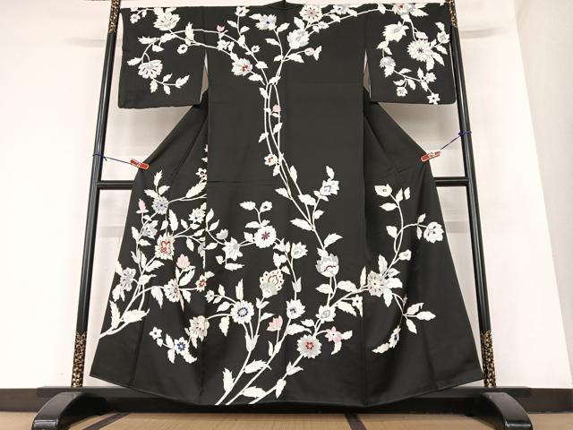 平和屋着物●訪問着 更紗花文 黒地 金彩 正絹 逸品 AABA8877zg