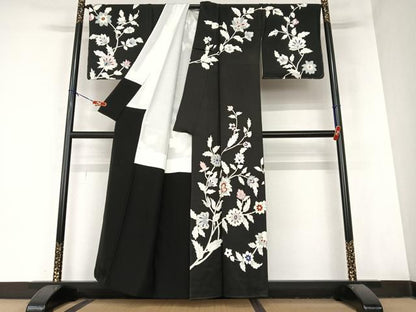 平和屋着物●訪問着 更紗花文 黒地 金彩 正絹 逸品 AABA8877zg