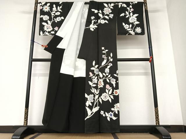 平和屋着物●訪問着 更紗花文 黒地 金彩 正絹 逸品 AABA8877zg