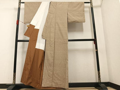 平和屋着物●城山紬 手織 間道 反端付き 正絹 逸品 AABA8892ph