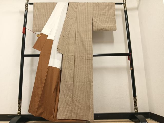 平和屋着物●城山紬 手織 間道 反端付き 正絹 逸品 AABA8892ph