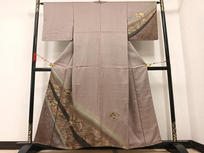 平和屋着物●訪問着 刺繍 地紙草花文 暈し染め 金彩 正絹 逸品 AABA8953ph