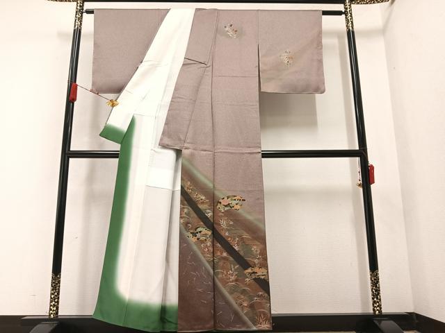 平和屋着物●訪問着 刺繍 地紙草花文 暈し染め 金彩 正絹 逸品 AABA8953ph
