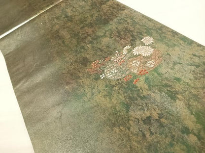 平和屋着物◎太鼓柄袋帯　唐織　花籠文　引箔　正絹　逸品　AABA8974yx