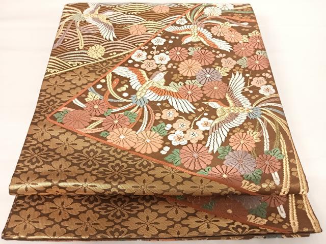 平和屋着物◎太鼓柄袋帯　唐織　鳳凰花文　金糸　正絹　逸品　AABA8975yx