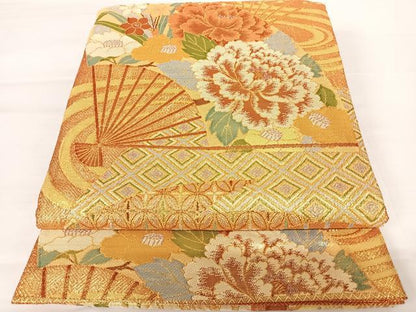 平和屋着物◎佐賀錦　六通柄袋帯　扇面花文　金糸　正絹　逸品　AABA8978yx
