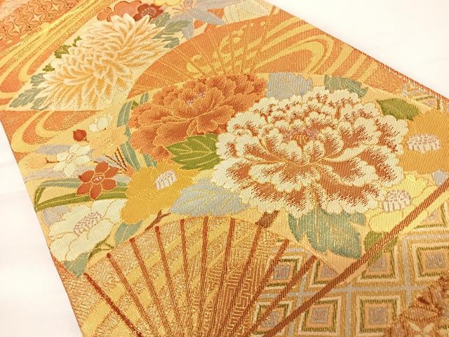 平和屋着物◎佐賀錦　六通柄袋帯　扇面花文　金糸　正絹　逸品　AABA8978yx