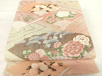 平和屋着物◎六通柄袋帯　唐織　扇面花文　金糸　正絹　逸品　AABA8980yx
